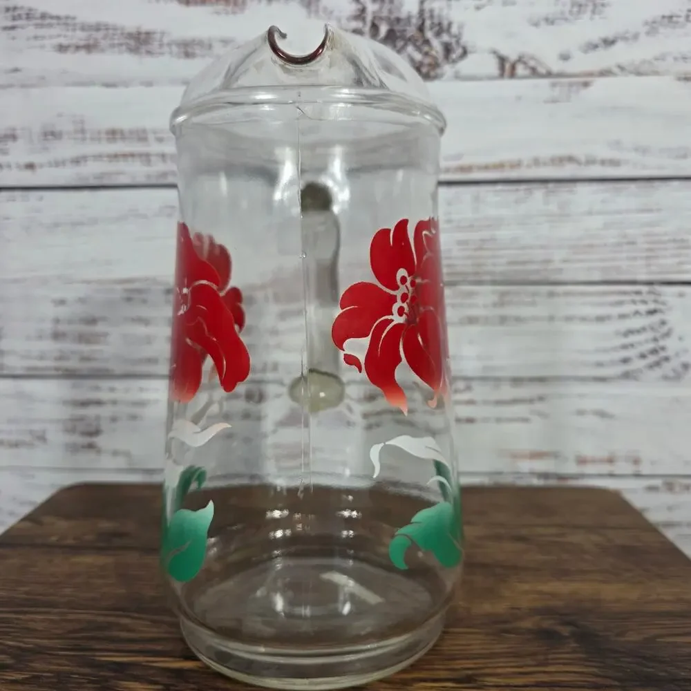 VTG Clear Glass Pitchers Floral Design Red White Flowers Ice Lip
